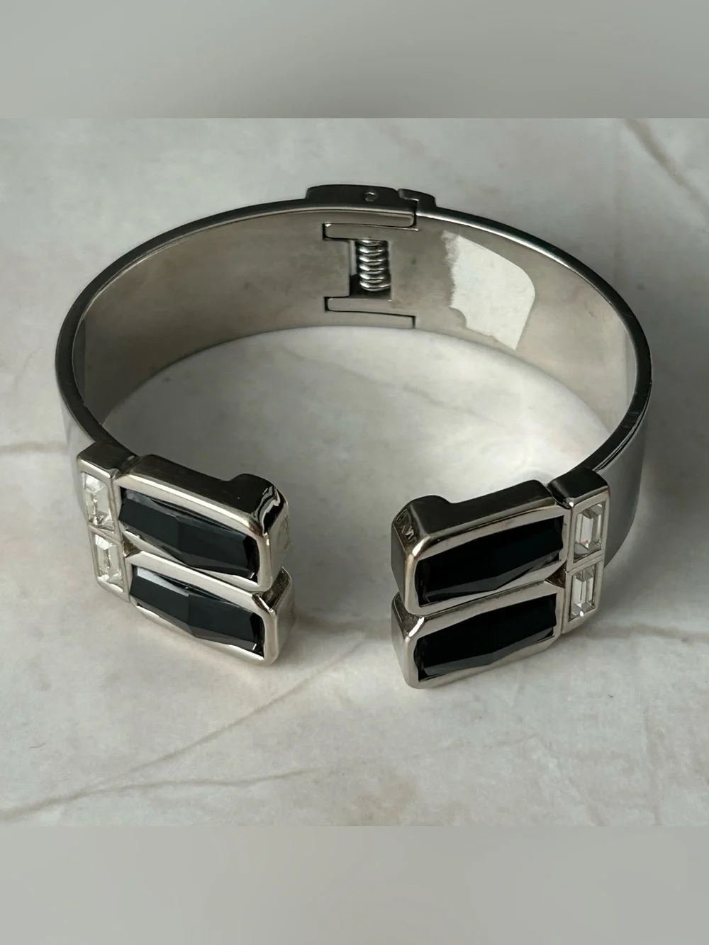 Silver Cuff Bracelet with Black Geometric Stones